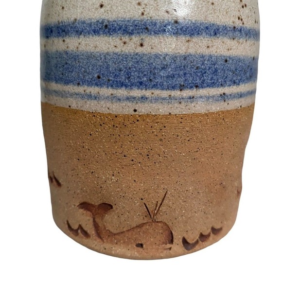 Studio Art Pottery Whale Vase Salt Glaze Blue Stripe 6” - Picture 3 of 6